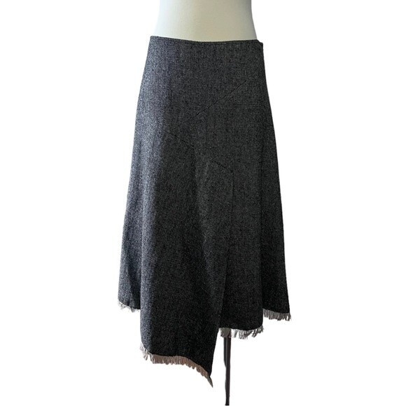 British Khaki Tweed Gray Wool Blend Asymmetrical Fringe Hem Skirt Size 10 - Picture 1 of 8